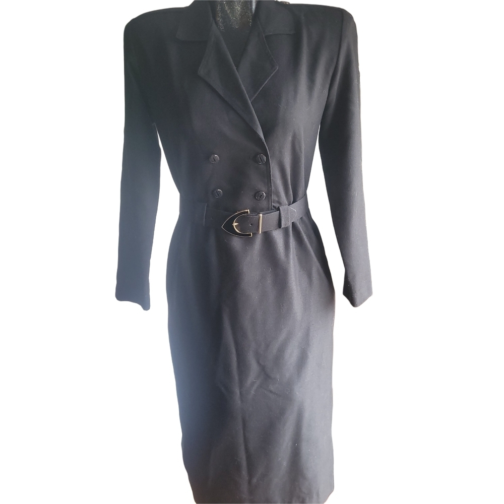 Vintage Lori Ann Black Double-Breasted Belted Fitted Dress Size 8